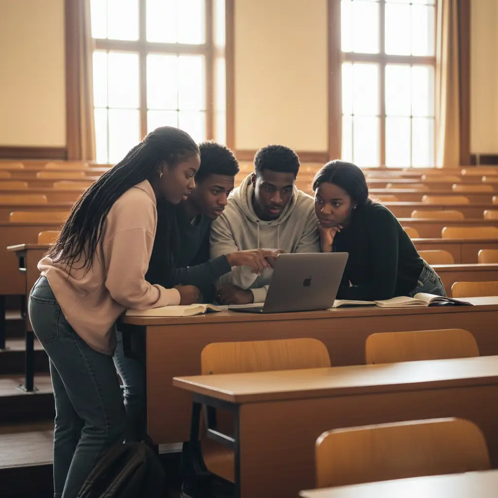 Students in a classroom working with their teacher